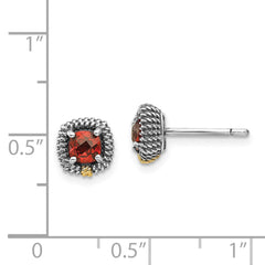 QTC1388 Shey Couture Sterling Silver with 14K Accent Antiqued Square Cushion Garnet Post Earrings