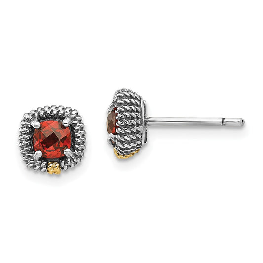 QTC1388 Shey Couture Sterling Silver with 14K Accent Antiqued Square Cushion Garnet Post Earrings