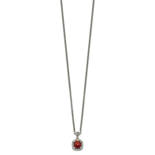 Shey Couture Sterling Silver with 14K Accent 18 Inch Antiqued Checkerboard Bezel Garnet Necklace QTC1396