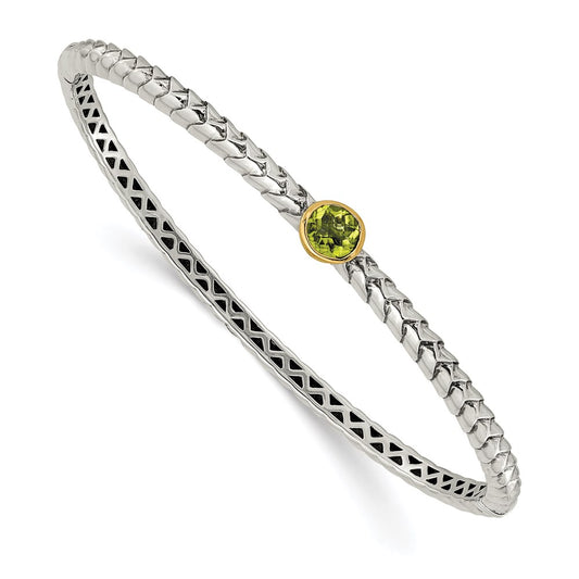 Shey Couture Sterling Silver with 14K Accent Peridot Round Bezel Hinged Bangle Bracelet QTC139