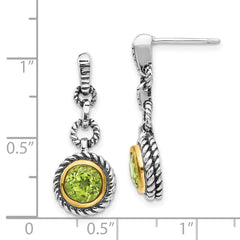 QTC142 Shey Couture Sterling Silver Gold-tone Flash Gold-plated Antiqued Round Bezel Peridot Post Dangle Earrings