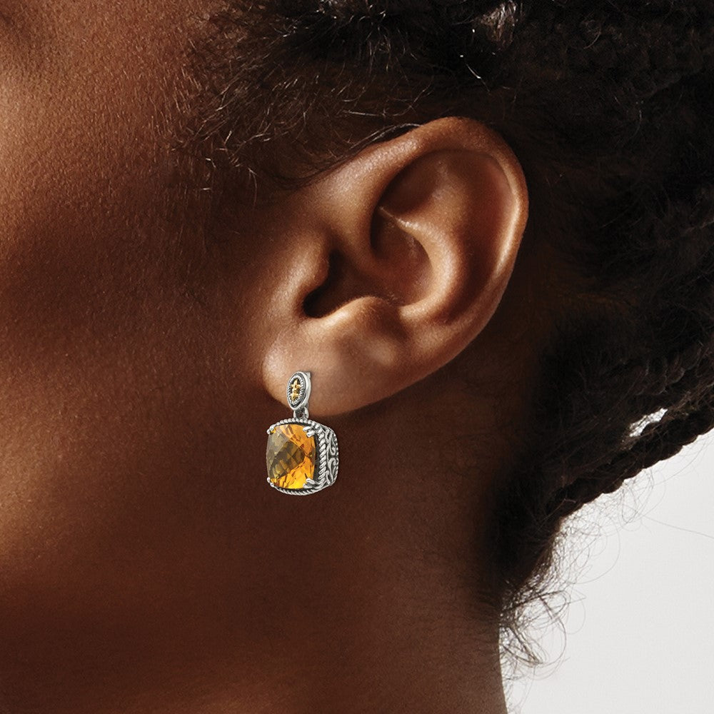 QTC1446 Shey Couture Sterling Silver with 14K Accent Antiqued Cushion Citrine Dangle Post Earrings