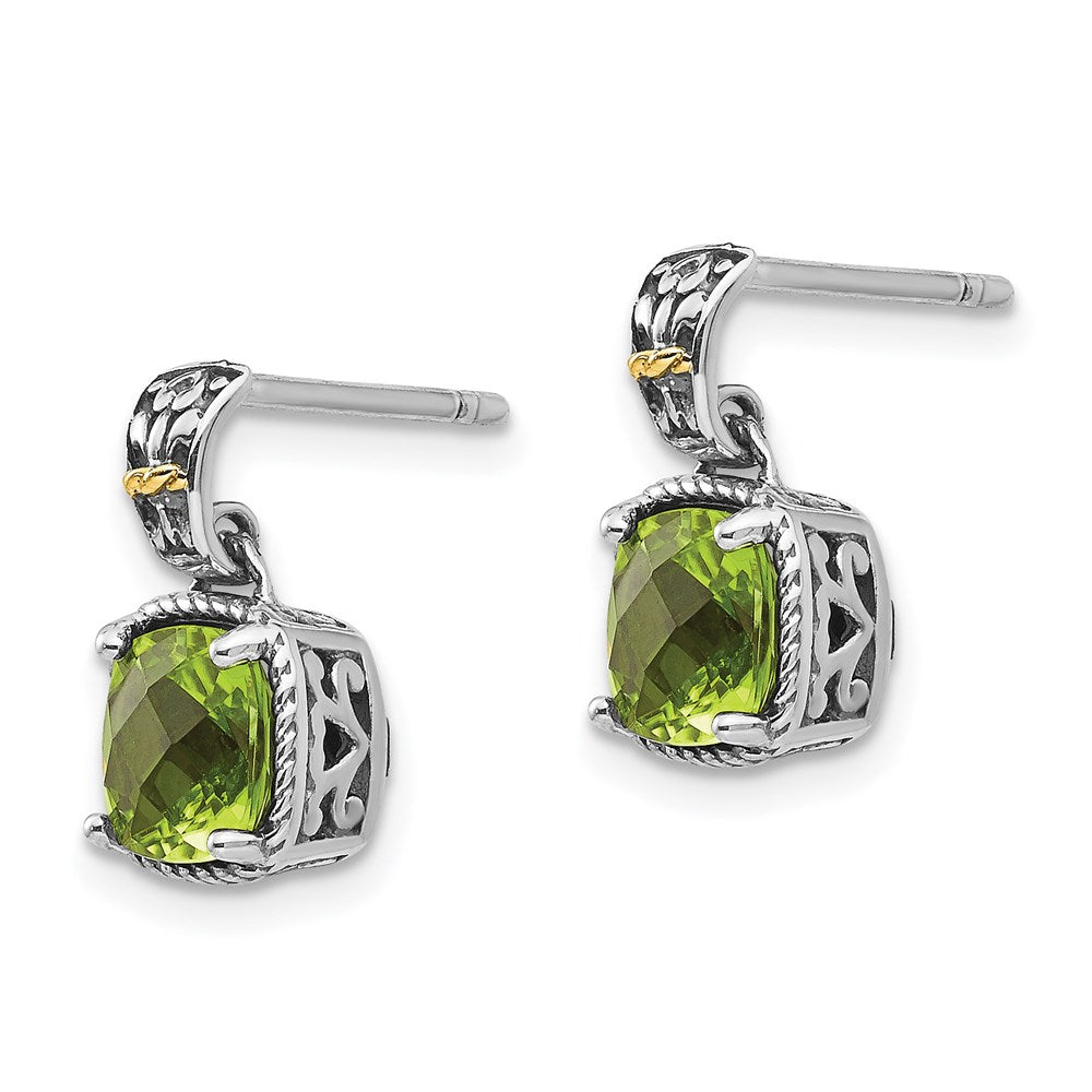 QTC1462 Shey Couture Sterling Silver with 14K Accent Antiqued Cushion Peridot Dangle Post Earrings