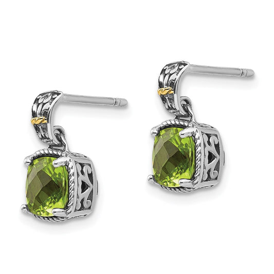 QTC1462 Shey Couture Sterling Silver with 14K Accent Antiqued Cushion Peridot Dangle Post Earrings