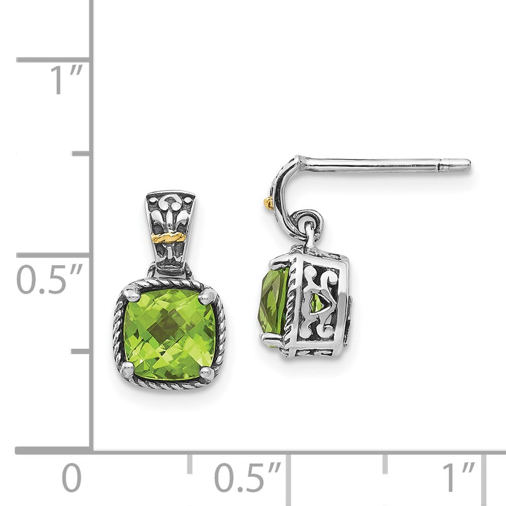 QTC1462 Shey Couture Sterling Silver with 14K Accent Antiqued Cushion Peridot Dangle Post Earrings