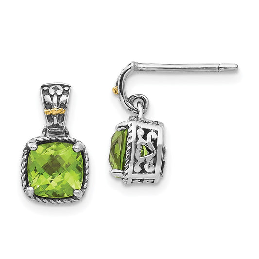 QTC1462 Shey Couture Sterling Silver with 14K Accent Antiqued Cushion Peridot Dangle Post Earrings