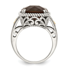 Shey Couture Sterling Silver with 14K Accent Antiqued Cushion Checkerboard Smoky Quartz Ring