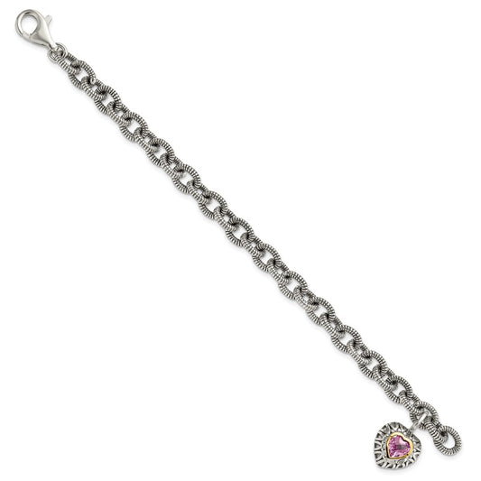 Shey Couture Sterling Silver with 14K Accent 7.5 Inch Antiqued Heart Bezel Created Pink Sapphire Heart Charm Bracelet QTC1523