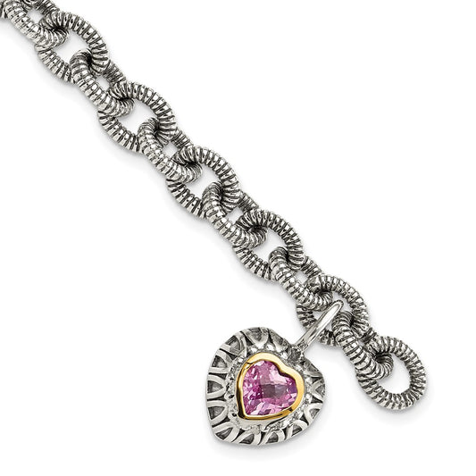 Shey Couture Sterling Silver with 14K Accent 7.5 Inch Antiqued Heart Bezel Created Pink Sapphire Heart Charm Bracelet QTC1523