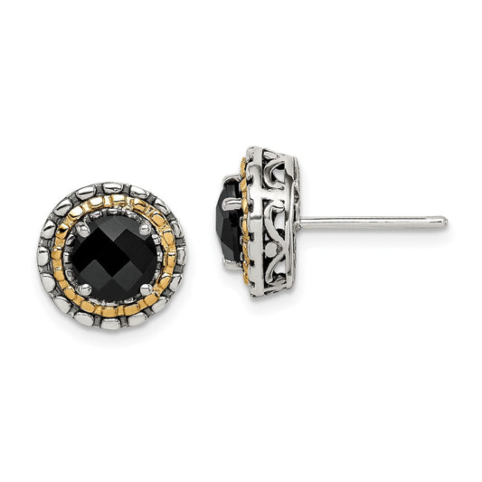 QTC1539 Shey Couture Sterling Silver with 14K Accent Antiqued Polished Checkerboard-cut Black Onyx Earrings