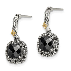 QTC1544 Shey Couture Sterling Silver with 14K Accent Antiqued Checkerboard-cut Black Onyx Post Dangle Earrings