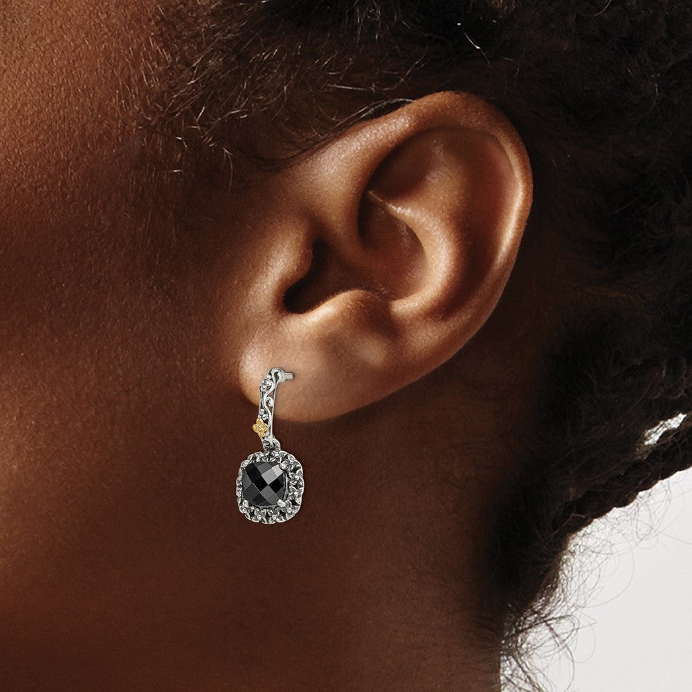 QTC1544 Shey Couture Sterling Silver with 14K Accent Antiqued Checkerboard-cut Black Onyx Post Dangle Earrings
