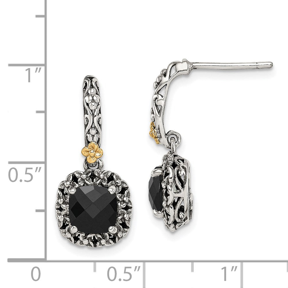 QTC1544 Shey Couture Sterling Silver with 14K Accent Antiqued Checkerboard-cut Black Onyx Post Dangle Earrings