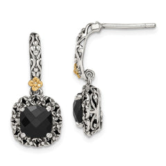 QTC1544 Shey Couture Sterling Silver with 14K Accent Antiqued Checkerboard-cut Black Onyx Post Dangle Earrings