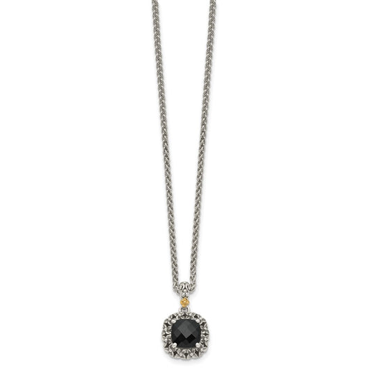 Shey Couture Sterling Silver with 14K Accent 18 Inch Antiqued Checkerboard-cut Black Onyx Necklace QTC1546