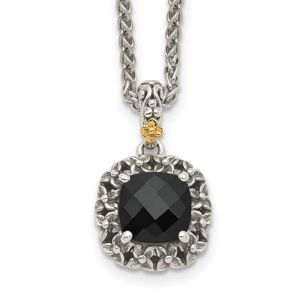Shey Couture Sterling Silver with 14K Accent 18 Inch Antiqued Checkerboard-cut Black Onyx Necklace QTC1546