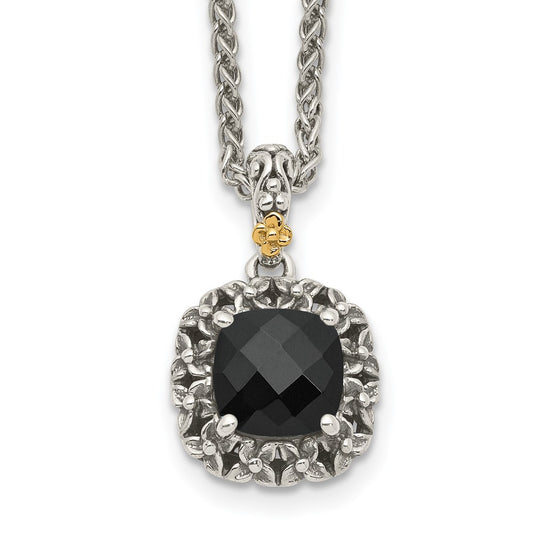 Shey Couture Sterling Silver with 14K Accent 18 Inch Antiqued Checkerboard-cut Black Onyx Necklace QTC1546