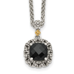 Shey Couture Sterling Silver with 14K Accent 18 Inch Antiqued Checkerboard-cut Black Onyx Necklace QTC1546