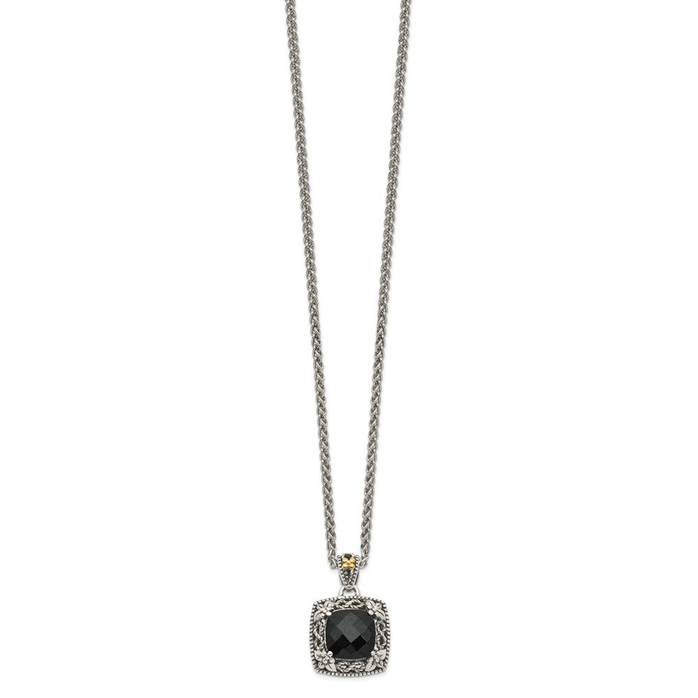 Shey Couture Sterling Silver with 14K Accent 18 Inch Antiqued Checkerboard-cut Black Onyx Necklace QTC1547