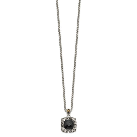 Shey Couture Sterling Silver with 14K Accent 18 Inch Antiqued Checkerboard-cut Black Onyx Necklace QTC1547