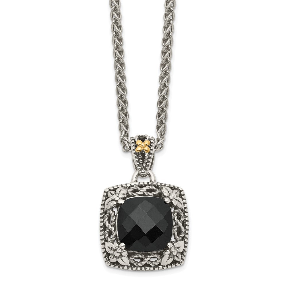 Shey Couture Sterling Silver with 14K Accent 18 Inch Antiqued Checkerboard-cut Black Onyx Necklace QTC1547