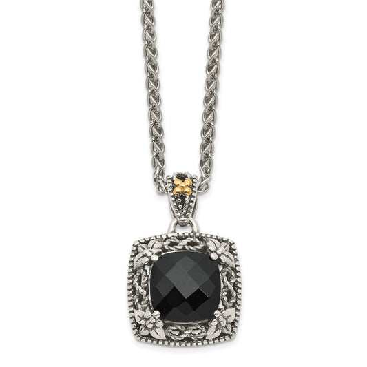 Shey Couture Sterling Silver with 14K Accent 18 Inch Antiqued Checkerboard-cut Black Onyx Necklace QTC1547