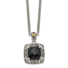 Shey Couture Sterling Silver with 14K Accent 18 Inch Antiqued Checkerboard-cut Black Onyx Necklace QTC1547