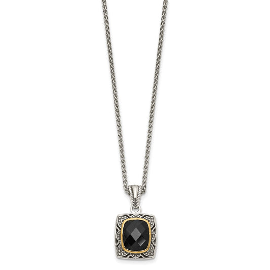 Shey Couture Sterling Silver with 14K Accent 18 Inch Antiqued Checkerboard-cut Black Onyx Necklace QTC1549