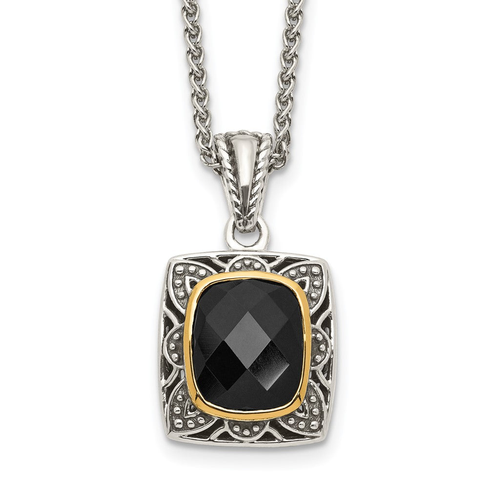Shey Couture Sterling Silver with 14K Accent 18 Inch Antiqued Checkerboard-cut Black Onyx Necklace QTC1549