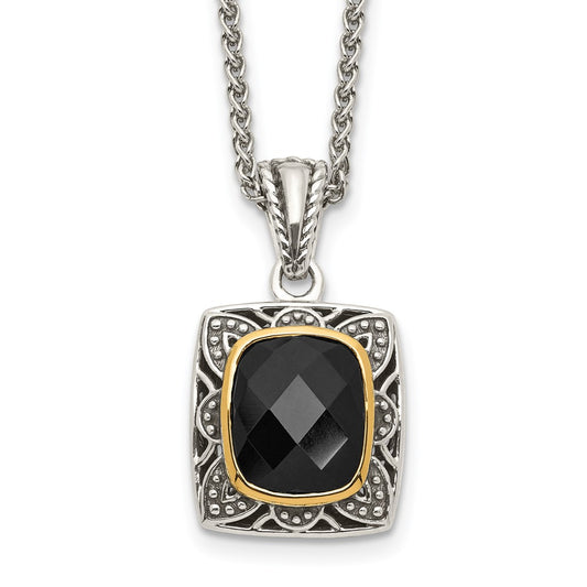 Shey Couture Sterling Silver with 14K Accent 18 Inch Antiqued Checkerboard-cut Black Onyx Necklace QTC1549