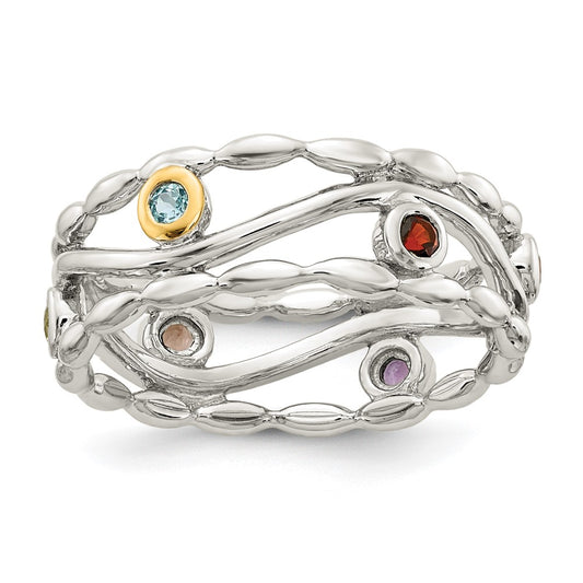 Shey Couture Sterling Silver Rhodium-plated with 14K Accent Round Bezel Amethyst Blue Topaz/Citrine/Garnet/Peridot and Smoky Quartz Ring