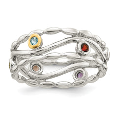 Shey Couture Sterling Silver Rhodium-plated with 14K Accent Round Bezel Amethyst Blue Topaz/Citrine/Garnet/Peridot and Smoky Quartz Ring