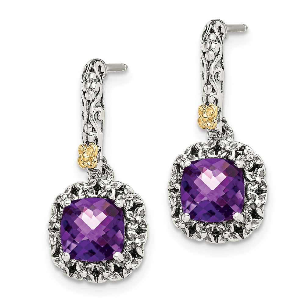 QTC1560 Shey Couture Sterling Silver with 14K Accent Antiqued Cushion Amethyst Post Dangle Earrings