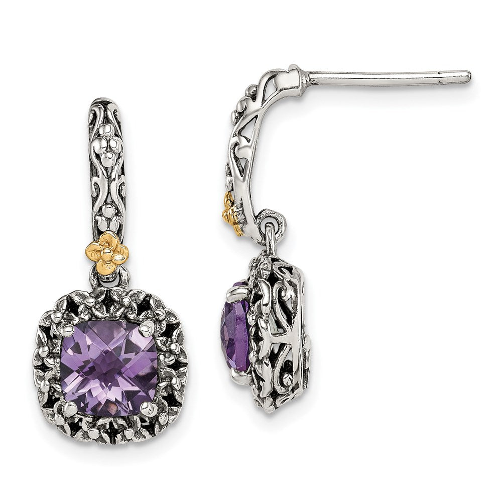 QTC1560 Shey Couture Sterling Silver with 14K Accent Antiqued Cushion Amethyst Post Dangle Earrings