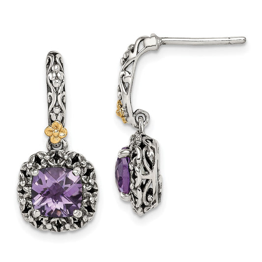 QTC1560 Shey Couture Sterling Silver with 14K Accent Antiqued Cushion Amethyst Post Dangle Earrings