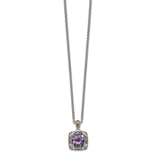 Shey Couture Sterling Silver with 14K Accent 18 Inch Antiqued Cushion Amethyst Necklace QTC1564