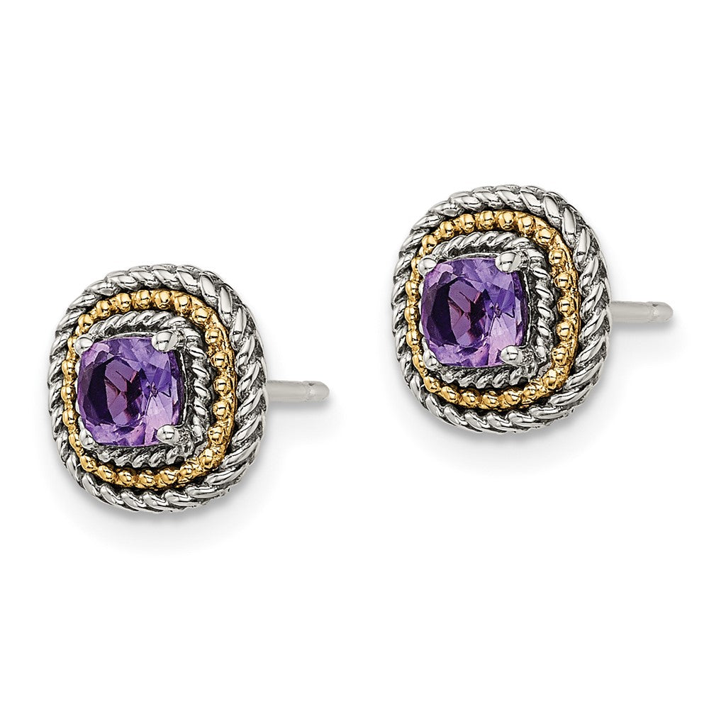 QTC1571 Shey Couture Sterling Silver with 14K Accent Antiqued Cushion Amethyst Post Earrings