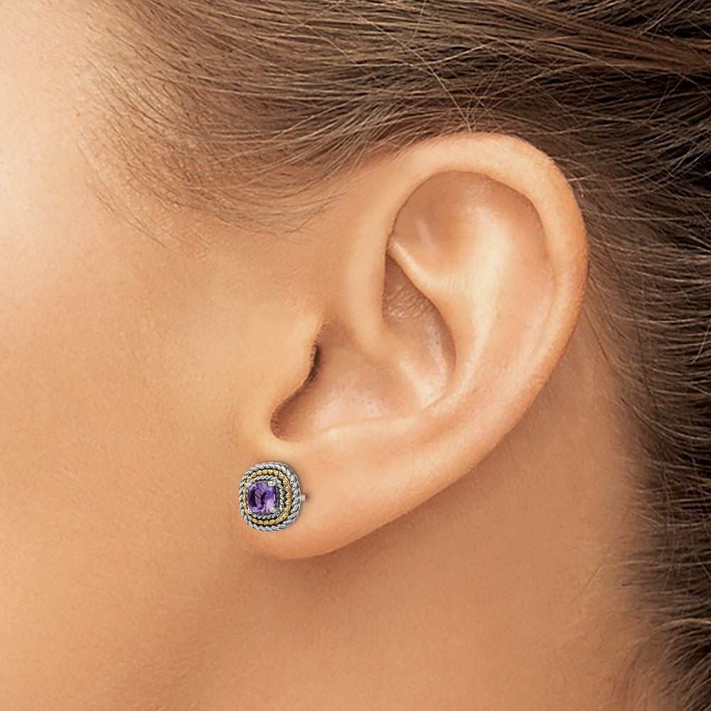 QTC1571 Shey Couture Sterling Silver with 14K Accent Antiqued Cushion Amethyst Post Earrings