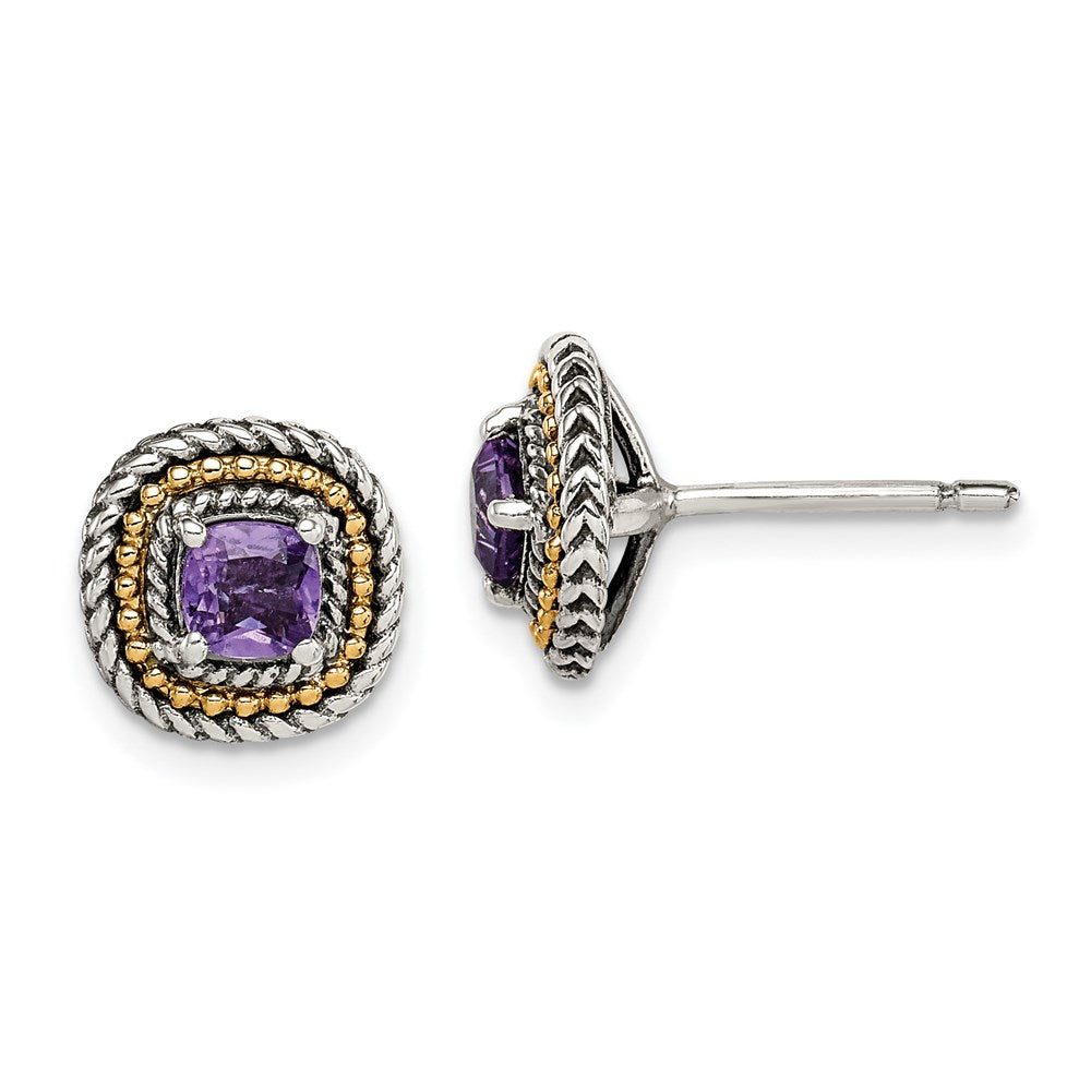 QTC1571 Shey Couture Sterling Silver with 14K Accent Antiqued Cushion Amethyst Post Earrings