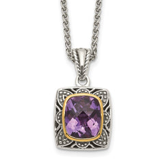Shey Couture Sterling Silver with 14K Accent 18 Inch Antiqued Checkerboard-cut Cushion Bezel Amethyst Necklace QTC1581