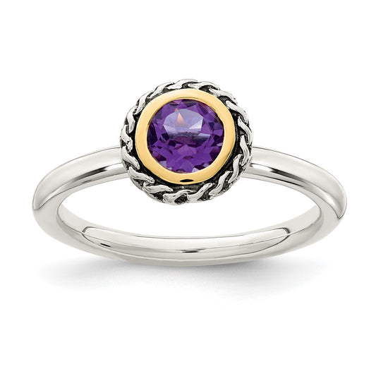Shey Couture Sterling Silver with 14K Accent Antiqued Round Bezel Amethyst Ring