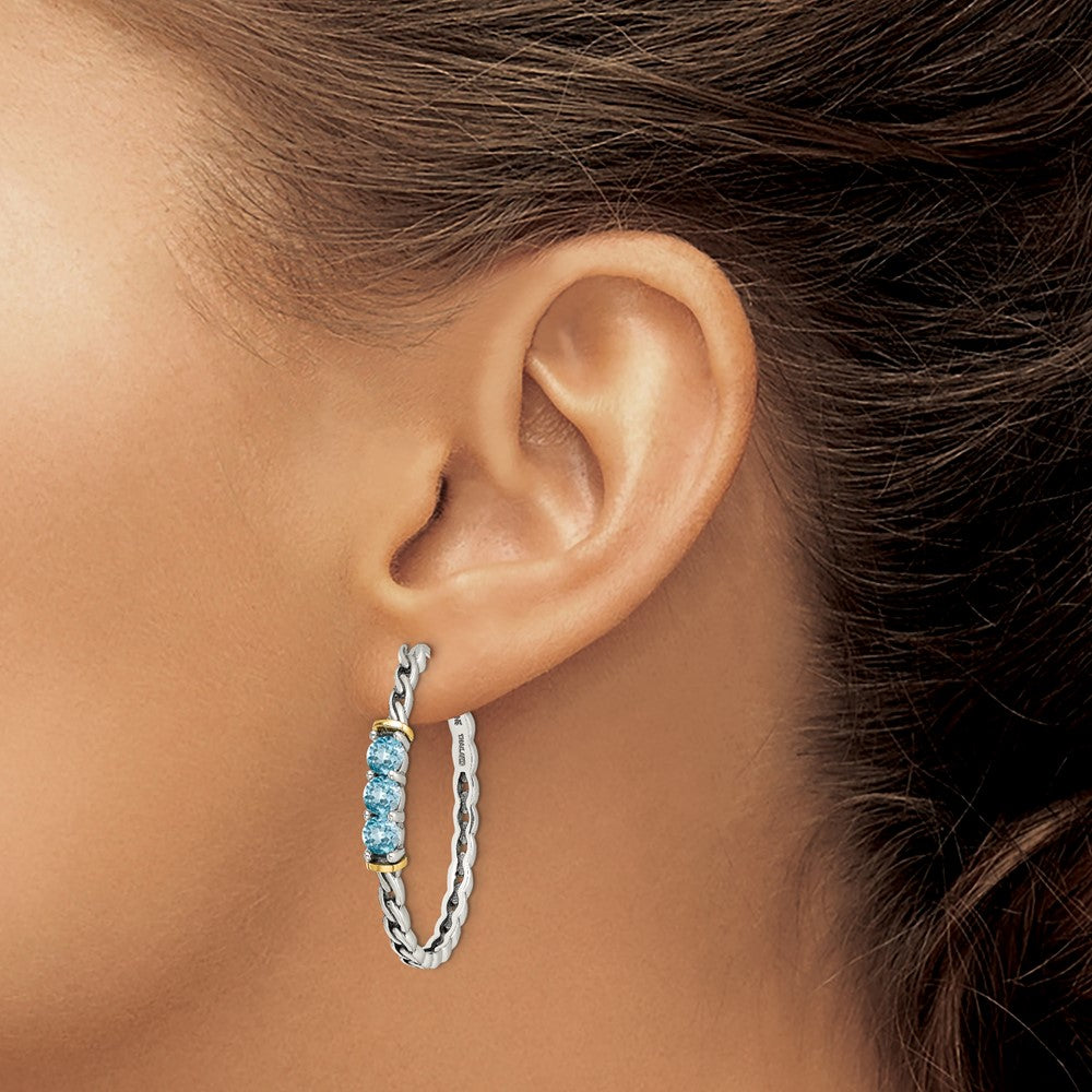 QTC1596 Shey Couture Sterling Silver with 14K Accent Antiqued Round Light Swiss Blue Topaz Hoop Earrings