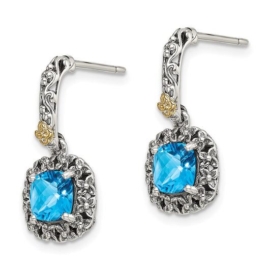 QTC1608 Shey Couture Sterling Silver with 14K Accent Antiqued Cushion Checkerboard Blue Topaz Post Dangle Earrings