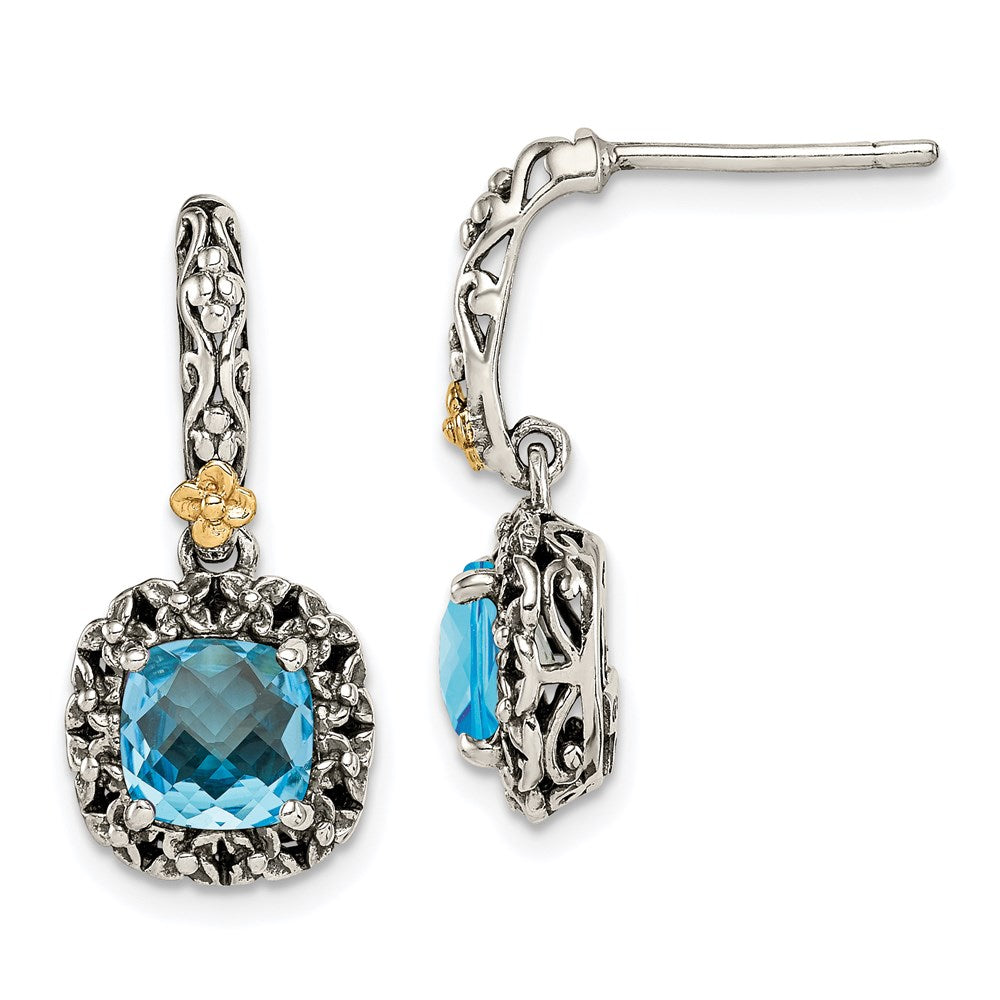 QTC1608 Shey Couture Sterling Silver with 14K Accent Antiqued Cushion Checkerboard Blue Topaz Post Dangle Earrings
