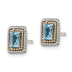 QTC1614 Shey Couture Sterling Silver with 14K Accent Antiqued Emerald-cut Blue Topaz Post Earrings