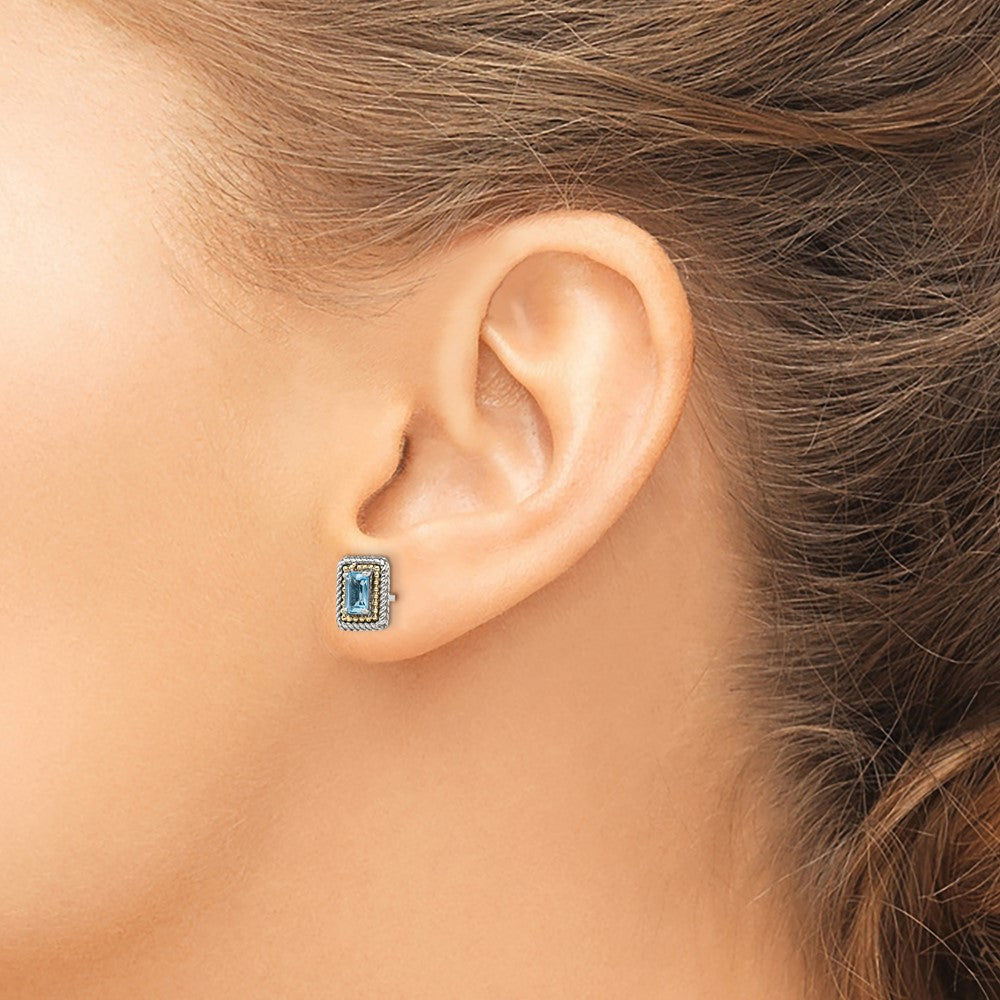 QTC1614 Shey Couture Sterling Silver with 14K Accent Antiqued Emerald-cut Blue Topaz Post Earrings