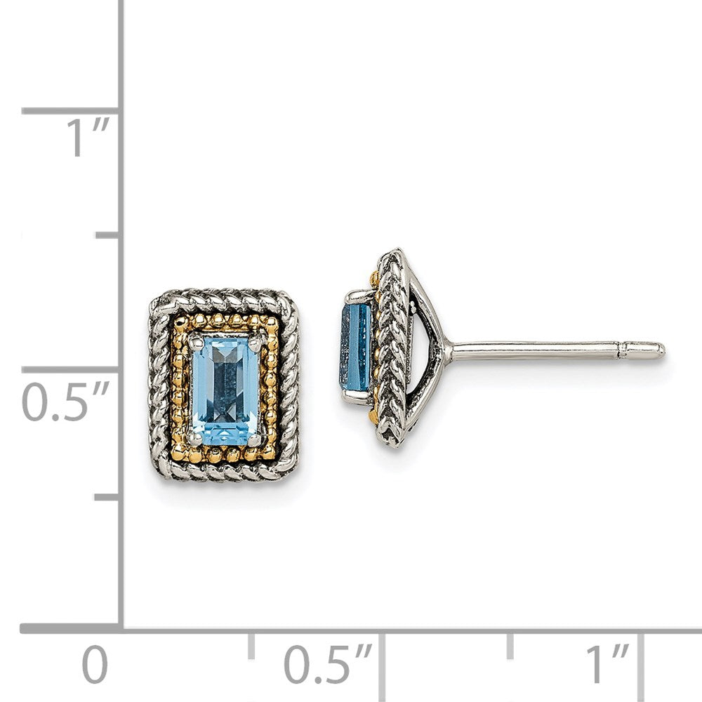 QTC1614 Shey Couture Sterling Silver with 14K Accent Antiqued Emerald-cut Blue Topaz Post Earrings