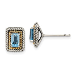 QTC1614 Shey Couture Sterling Silver with 14K Accent Antiqued Emerald-cut Blue Topaz Post Earrings
