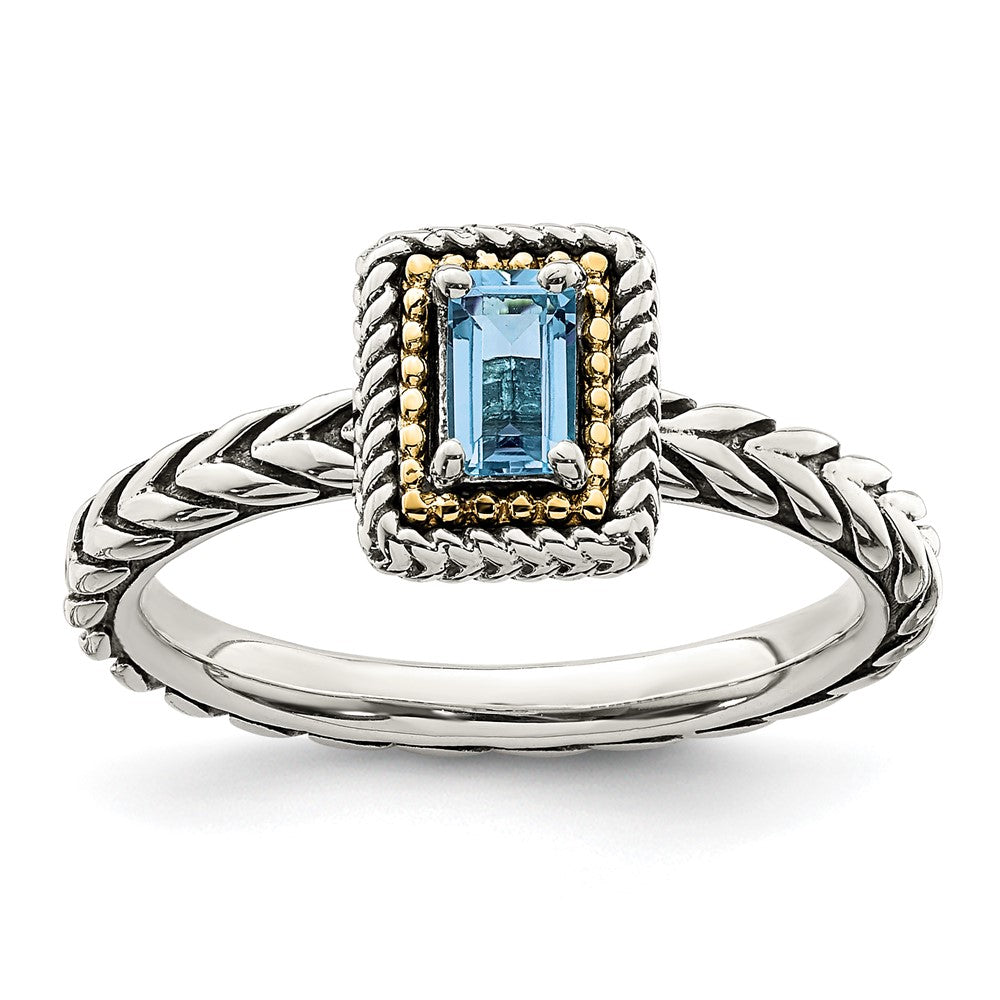 Shey Couture Sterling Silver with 14K Accent Antiqued Emerald-cut Light Swiss Blue Topaz Ring