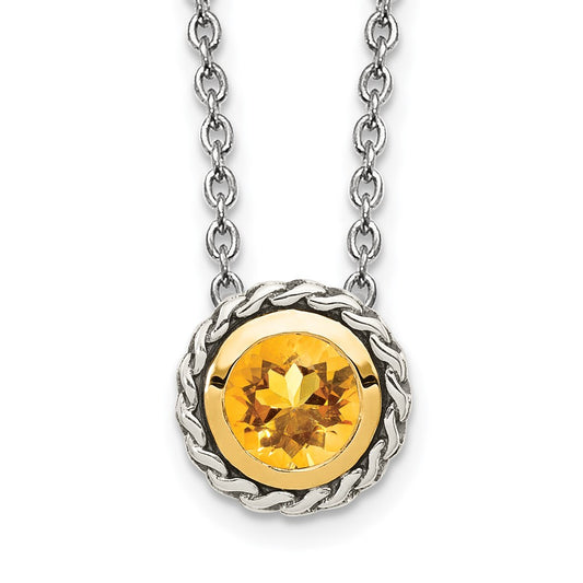Shey Couture Sterling Silver with 14K Accent 18 Inch Antiqued Round Bezel Citrine Necklace QTC1644